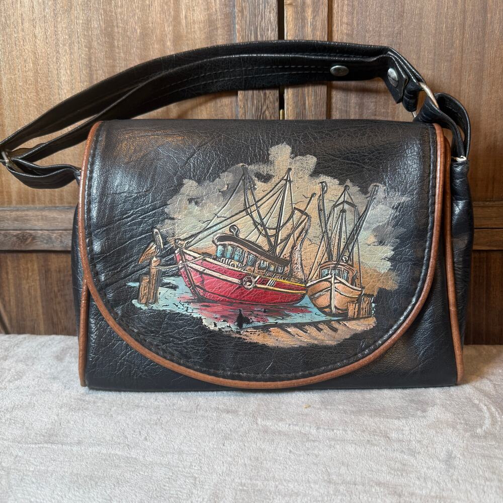 Vintage Hand Painted Fishing Boat Harbor Scene Shoulder Bag Nautical Purse